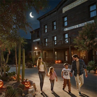 Familia paseando de la mano por una calle del Far West decorada con calabazas de noche en Halloween
