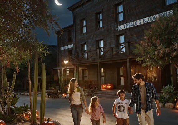 Familia paseando de la mano por una calle del Far West decorada con calabazas de noche en Halloween