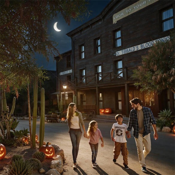 Familia paseando de la mano por una calle del Far West decorada con calabazas de noche en Halloween